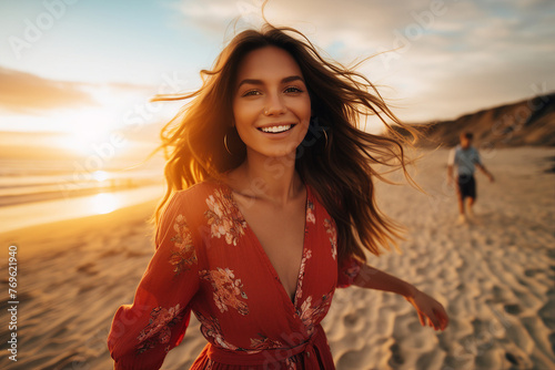 Generative AI portrait of happy charming girl summer vacation sunsrise on tropical beach photo