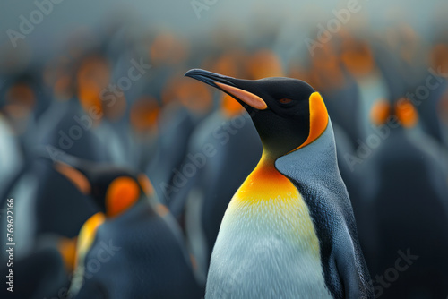 A penguin with orange spots against the background of other penguins 
