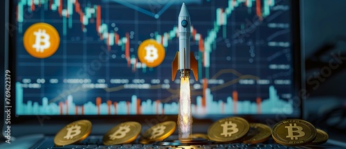 A matrix backdrop highlights the rockets climb  powered by Bitcoin