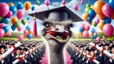 An ostrich with a graduation cap looks on with a funny quirky expression, set against a background of celebration. Wonder and awe theme. Concept of graduation, humour, celebration.