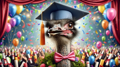 An ostrich with an amusingly serious expression wears a graduation cap, set against a background of celebration. Wonder and awe theme. Concept of graduation, humour, celebration.
