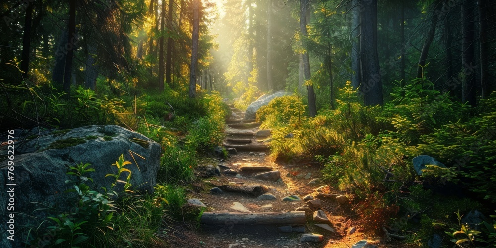 Fototapeta premium A pathway winding through a dense forest with tall trees and lush greenery