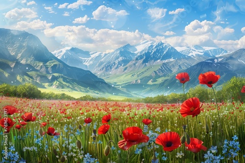 Panorama of beautiful spring landscape with poppies and mountains. Digital painting 