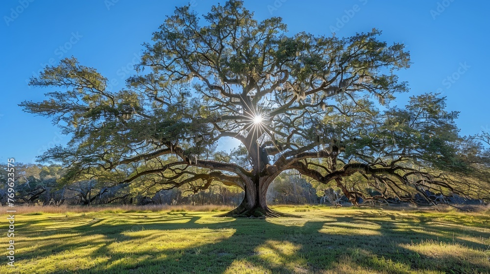 Majestic green oak tree illuminated by sunlight on a meadow under clear blue sky