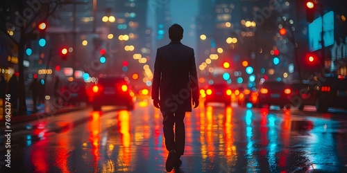 Entrepreneur strolling along a city street at night with blurred car lights in the background. Concept Nighttime Cityscape, Urban Entrepreneur, Street Photography, Blurred Car Lights, City Hustle