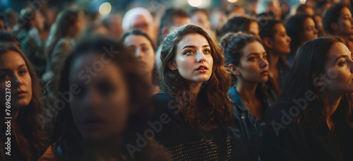young adult woman or teenager in crowd of people, fictional event