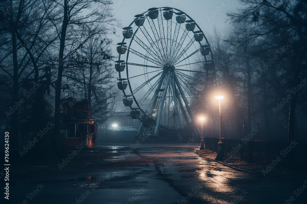 Generated AI picture of carnival with Ferris wheel in dark misty amusement park