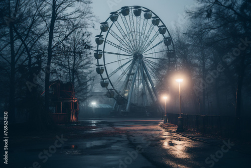 Generated AI picture of carnival with Ferris wheel in dark misty amusement park © Tetiana