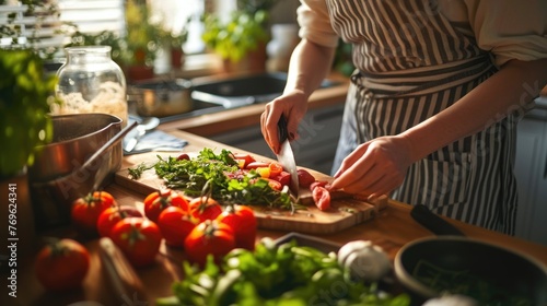 Hands preparing a vegan meal in a bright kitchen