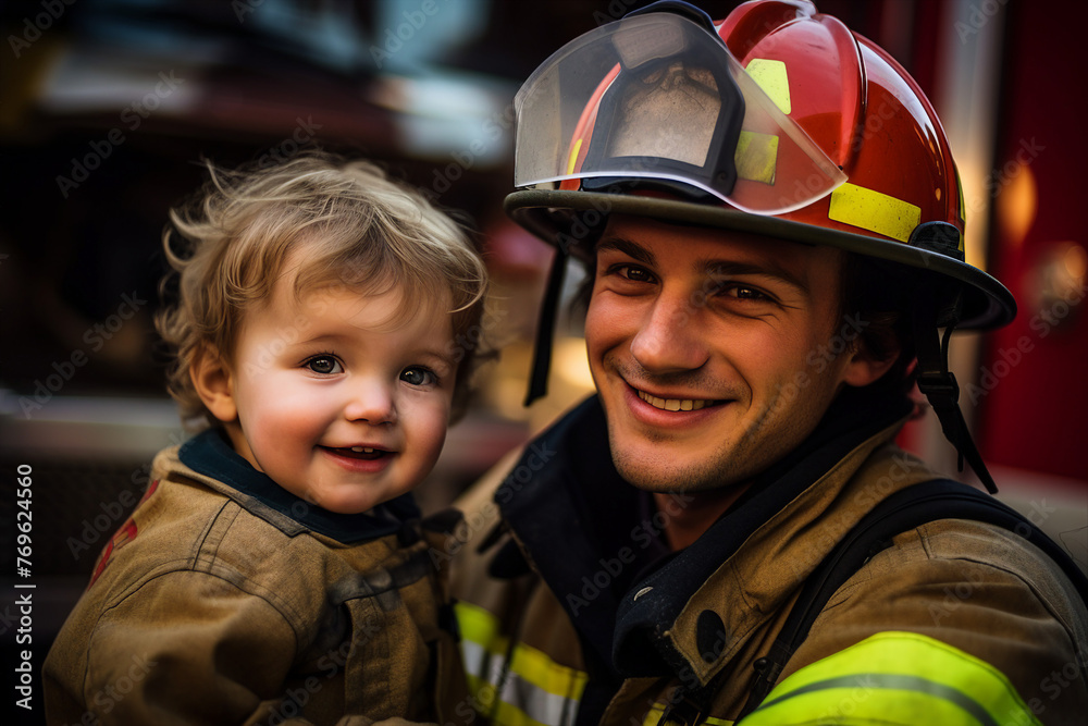 Generative AI photo of a professional brave rescuer firefighter saving small child from burning buildings Generative AI photo of a professional brave rescuer firefighter saving small child from burning buildings