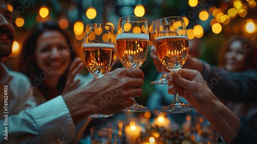 A group of friends toasting with sparkling wine glasses during a festive evening celebration, with golden bokeh lights.