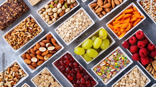 Healthy snack: nuts, fruits, and energy bars 
