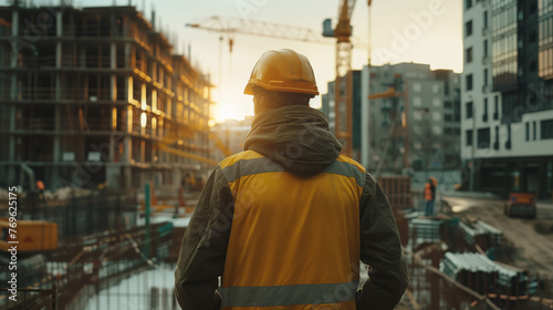 Rear view of a construction engineer standing on a construction site at sunset