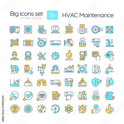 HVAC maintenance RGB color icons set. Commercial services. Heating and coolin system. Air conditioning. Isolated vector illustrations. Simple filled line drawings collection. Editable stroke