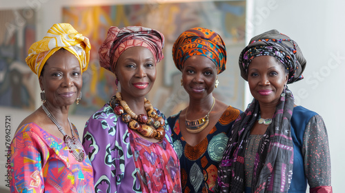Four African women with headscarves smiling confidently.