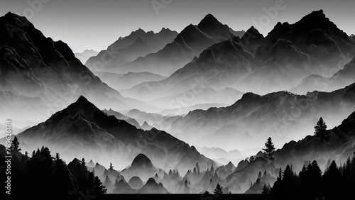 Wallpaper with forest and mountains, abstract texture, high contrast, minimalist graphics. Wallpaper in 4K resolution 