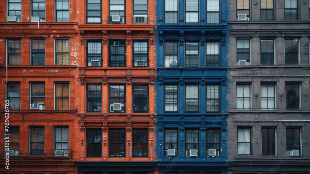 A symmetrical view of colorful apartment buildings featuring red, blue, and grey facades with multiple windows and architectural details in an urban setting.