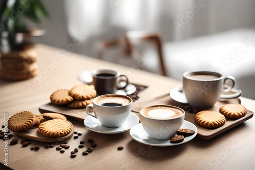 Cup of coffee with biscuits on table in room 