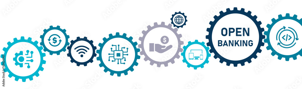 Open Banking banner website icons vector illustration concept with an icons of finance technology fintech digital finance API banking data sharing shared economy online platform on white background