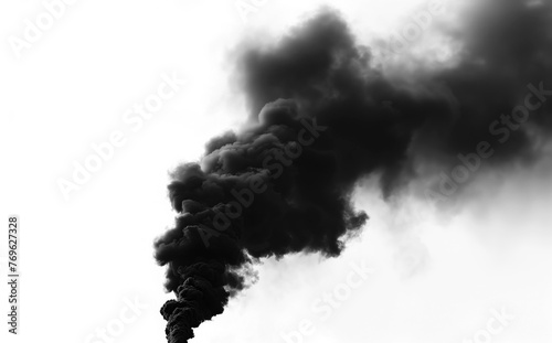 Industrial smoke plume against sky. Dramatic black smoke rising from a stack against a clear sky © Denniro