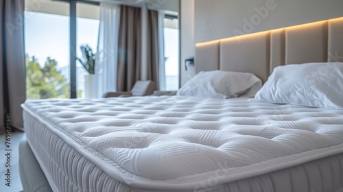 Close up perspective of a white mattress protector safeguarding the surface of the bed