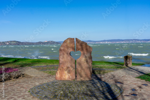 Heart of Balaton statue on Zamardi beach at Lake Balaton Hungary © Bernadett