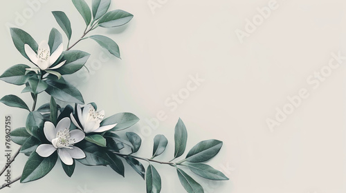 A white flower with green leaves is on a white background. The flower is the main focus of the image, and the green leaves add a touch of nature to the scene