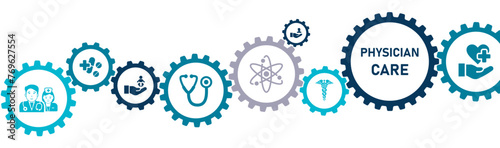 Physician care banner website icons vector illustration concept with an icons of health care hospital patient stethoscope doctor health insurance pediatric clinic medicine on white background