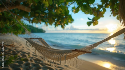 Finding tranquility and relaxation amidst the serene coastal landscape A hammock sways gently,inviting the viewer to sink into its comforting embrace