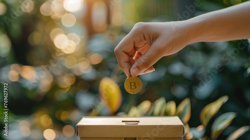 Depicts a single human hand holding a coin above an open donation box This symbolic gesture represents the act of charity and the spirit of giving,where individuals contribute financial