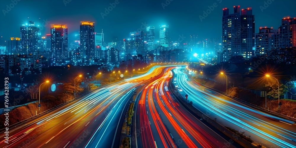 Dynamic Long Exposure Effect of Blurred Car Lights on Busy City Highway at Night. Concept Long Exposure Photography, Blurred Car Lights, City Highway, Nighttime, Dynamic Effect