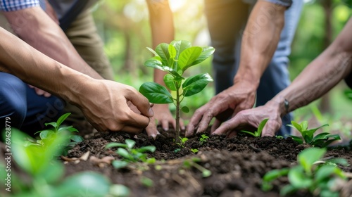 Group of business professionals,likely from the same organization,are shown planting a small tree together in an outdoor setting The action symbolizes their shared commitment to environmental