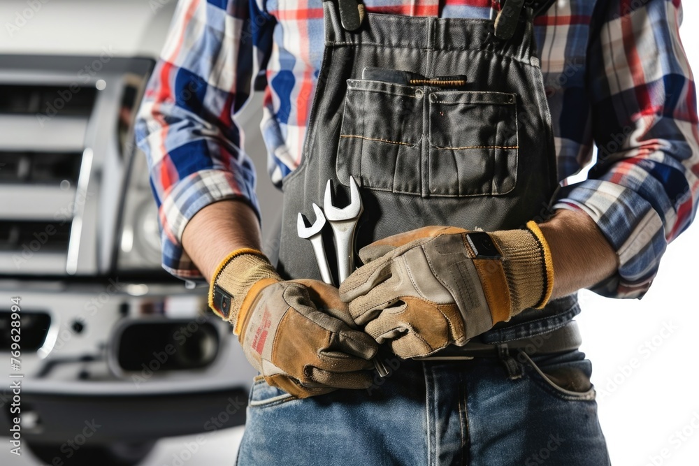 Mechanic with Tools in a garage, car in background Mechanic with Tools in a garage, car in background