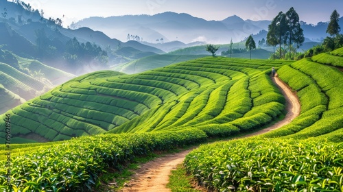 Misty green landscape serene view of rolling hills with lush vegetation and winding path