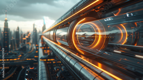 A futuristic cityscape with a high-speed train traveling through it, showcasing neon lights and advanced infrastructure against a twilight sky.
