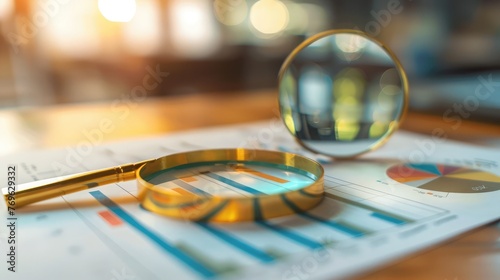 Business graph and magnifying glass on table. Financial development, Economy, Statistics, magnifying glass on financial chart, finance with a magnifying glass, paper reports, statistics income.