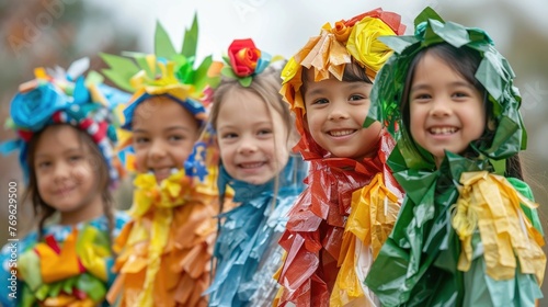 Group of joyful children wearing vibrant,creative costumes made from recycled materials,promoting the importance of sustainability,waste reduction,and environmental education