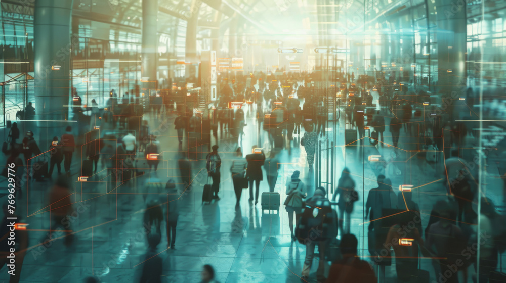 Blurred motion of busy airport terminal with traveling passengers and light reflections. Conceptual image depicting travel, crowds, and transportation hubs.