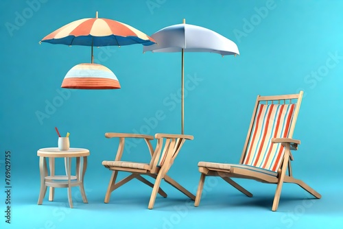 3d render of beach items umbella chair and hat on blue background 