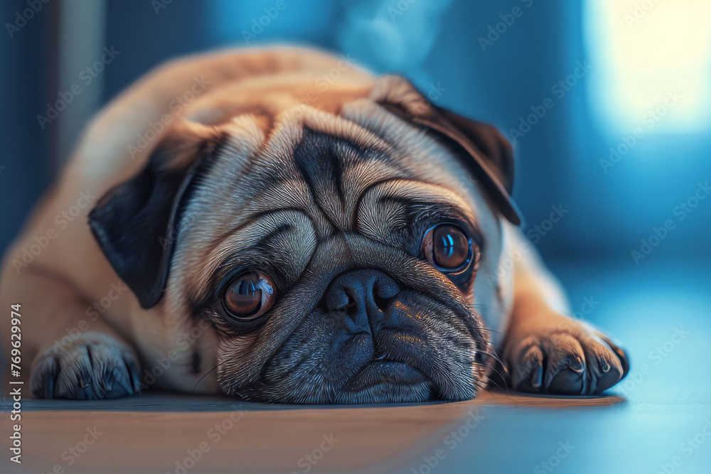 Pug breed dog lying on the floor looking to the camera close up with space for text or inscriptions
