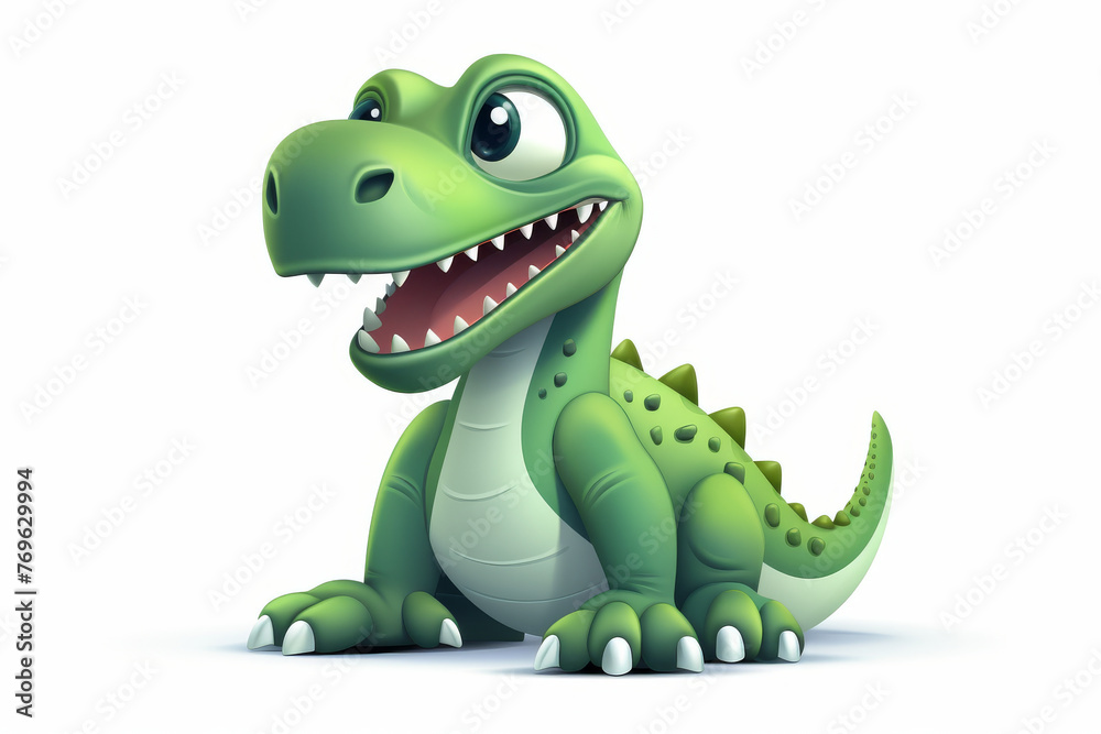 Fototapeta premium This adorable cartoon T-Rex, with a friendly smile and vibrant green shades, is perfect for children's book illustrations