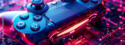gaming console controller art illustration holographic neon abstract banner with with glowing elements inspired by technology evolution	
