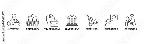 Stakeholder relationship banner web icon vector illustration concept for stakeholder, investor, government, and creditors with icon of community, trade unions, suppliers, and customers	