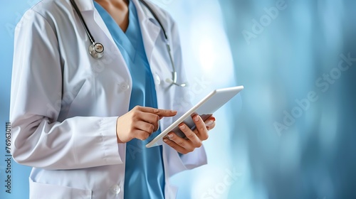 Confident female doctor using a digital tablet in a modern hospital setting