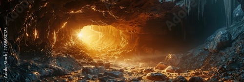 Adventure into the depths of a mysterious cave system,where ancient rock formations are illuminated by the warm glow of headlamps The cavernous environment photo