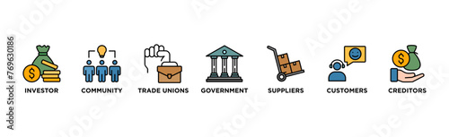 Stakeholder relationship banner web icon vector illustration concept for stakeholder, investor, government, and creditors with icon of community, trade unions, suppliers, and customers	