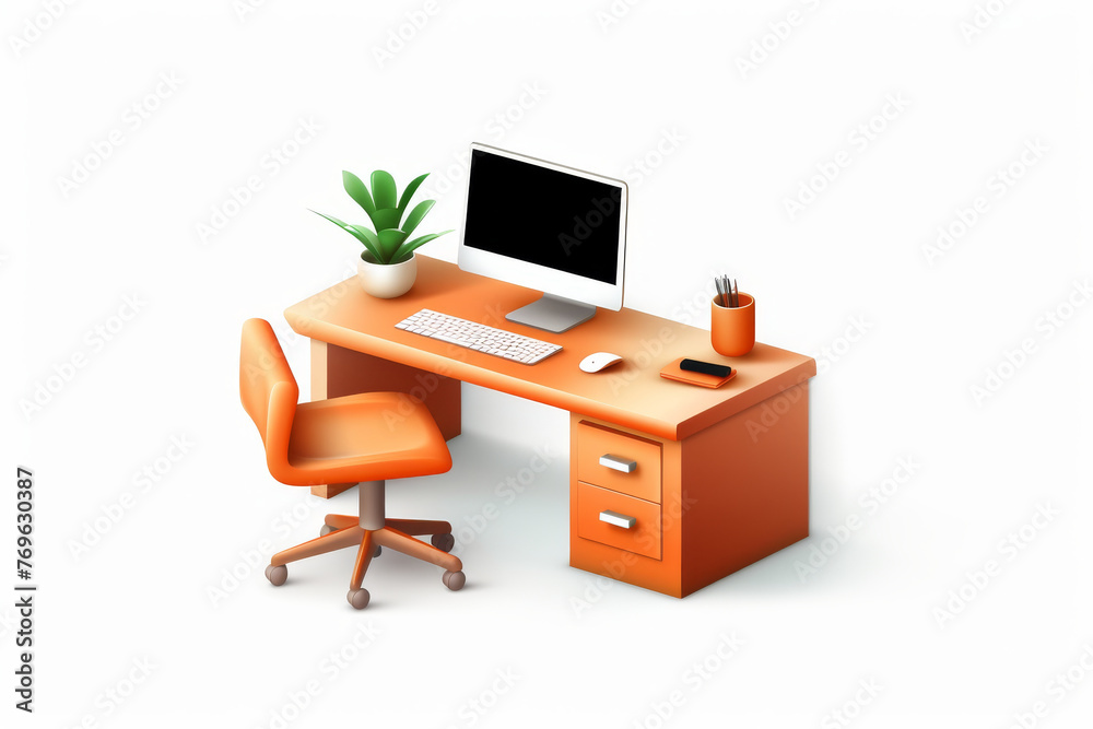 Fototapeta premium Bright office workspace depicted with a vibrant orange scheme in an isometric perspective