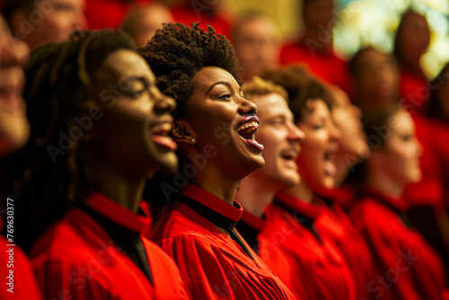 Group of choir members in vibrant red robes during a performance inside a church with blurred faces © Tixel