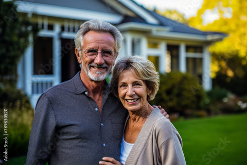 A loving mature couple with grey hair share a warm embrace in the lush surroundings of their home