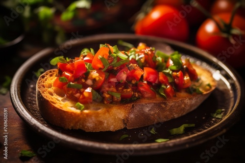 Hearty bruschetta on a ceramic tile against a vintage wallpaper background